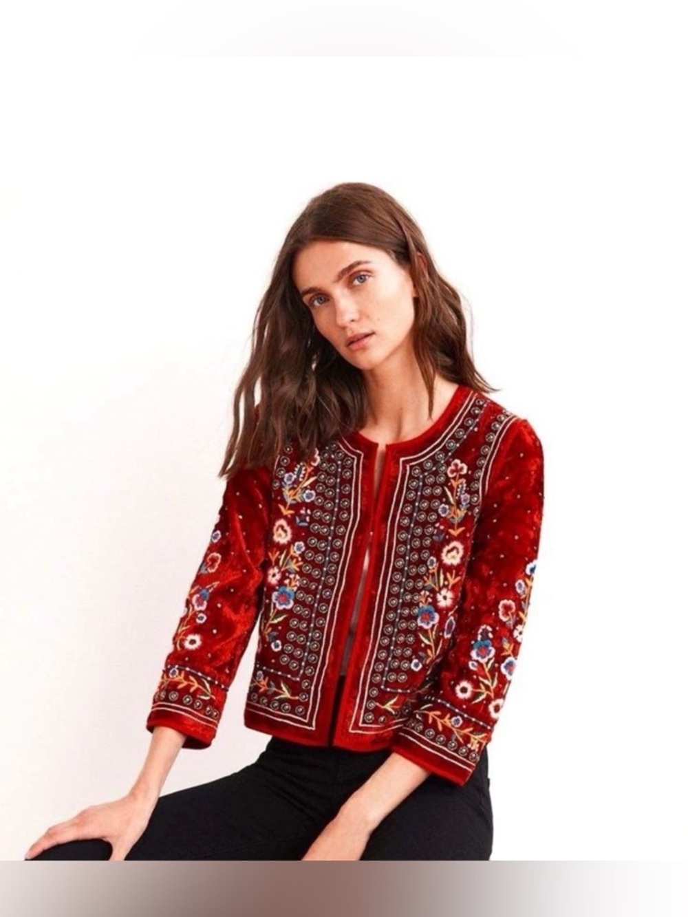 Velvet by Graham & Spencer Nita Floral-Embroidered Velvet Cropped Jacket Sz XS